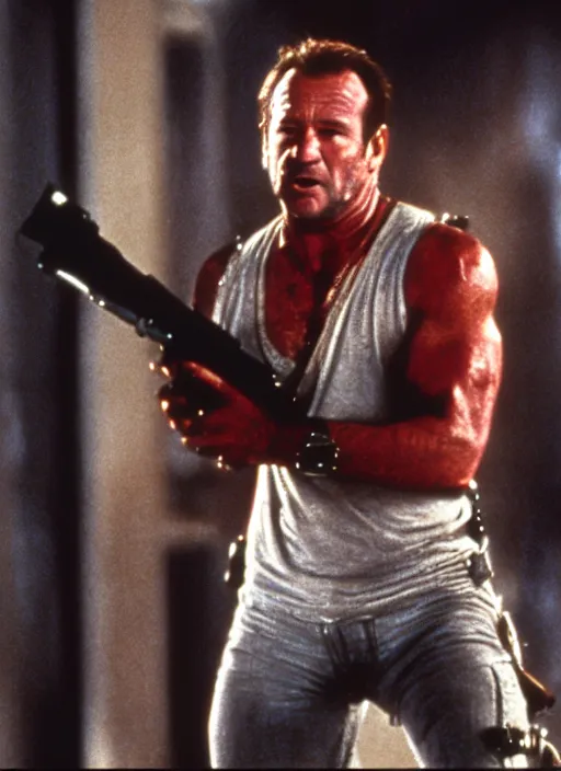 Prompt: film still of Robin Williams as John McClane in Die Hard, 4k