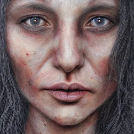 Image similar to Intricate five star Beautiful Witch facial portrait by Monica Lee, Colored pencil on paper, high detail, skin texture, photo realistic, hyperrealism,matte finish, high contrast, 3d depth, masterpiece, vivid colors, artstationhd