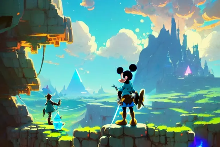 Image similar to concept art, adventurer mickey mouse standing in breath of the wild glowing crystal ore mines. anime styled. bright blue and cyan sky. hyper kawaii cute. by greg rutkowski, in the style of a grand adventure, extremely artistic