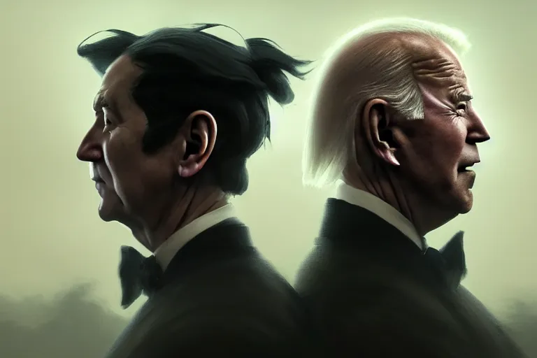 Image similar to Portrait of Trump facing Joe Biden, dark makeup, dark crowns with magical ruby, painting by Studio Ghibli, Ivan Aivazovsky and Greg Rutkowski, artstation, fantasy, intricate, beautiful, cinematic, octane render, arnold render, 8k, hyper realism, detailed, sharp focus, 4k uhd, masterpiece, award winning