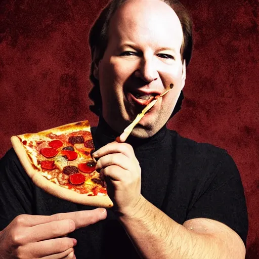 Prompt: A pizza eating Hans Zimmer, digital art