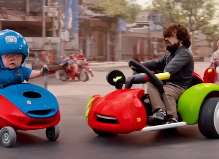 Image similar to peter dinklage racing against gary coleman driving a little tikes cozy coupe, movie still, from the new tokyo drift movie, 8 k, realistic