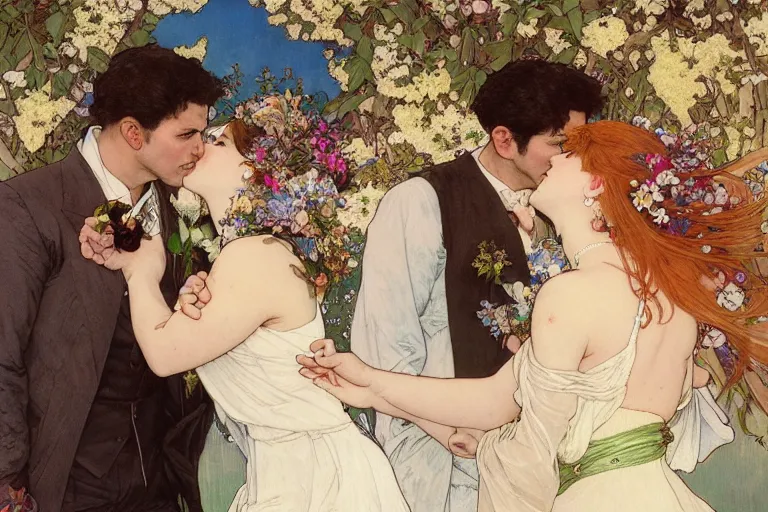 Prompt: the groom kisses the bride at a wedding full of flowers, bright and happy, dreamlike art, highly detail, 4 k realistic, wedding photoy krenz cushart. artem demura. alphonse mucha. yoji shinkawa artgerm. jon lothian. danilo torres. adi meyers. thomas reimann. gaston bussiere.