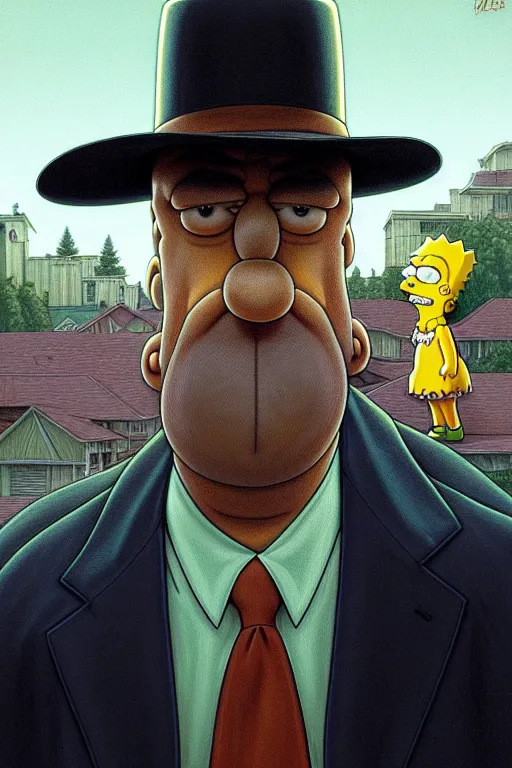 Image similar to clear portrait of moe from the simpsons, cottagecore!!, mafia background hyper detailed, character concept, full body, dynamic pose, intricate, criminal appearance, highly detailed, digital painting, artstation, concept art, smooth, sharp focus, illustration, art by artgerm and greg rutkowski and alphonse mucha