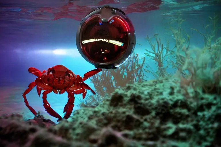 Image similar to robot cute cyborg - crab underwater, in 2 0 1 2, bathed in the the glow of a crt television, crabcore, low - light photograph, photography by tyler mitchell