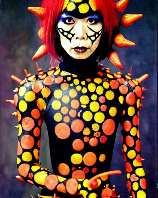 Image similar to portrait of a skinny punk goth yayoi kusama wearing armor by simon bisley, john blance, frank frazetta, fantasy, thief warrior, floral flowers colorful