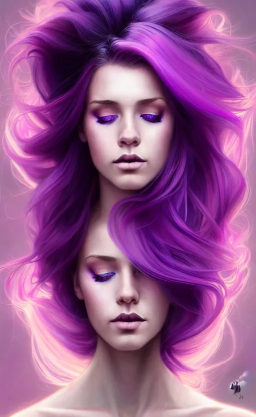 Image similar to Purple hair relistic Portrait of a woman with bright colored flying hair, all shades of purple. Hair coloring, long hair, blue eyes, fantasy, intricate, elegant, highly detailed, digital painting, artstation, concept art, smooth, sharp focus, illustration, art by artgerm and greg rutkowski and alphonse mucha