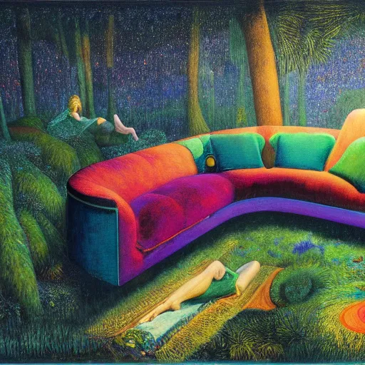 Image similar to psychedelic couch sofa in the lush pine forest, milky way, designed by arnold bocklin, jules bastien - lepage, tarsila do amaral, wayne barlowe and gustave baumann, cheval michael, trending on artstation, canada, star, sharp focus, colorful refracted sparkles and lines, soft light, 8 k 4 k