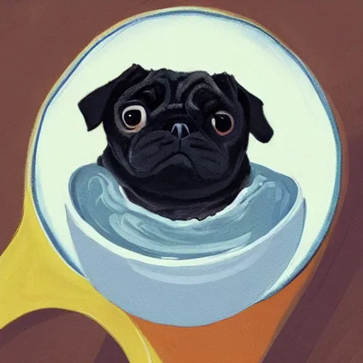 Prompt: a pug sitting in a bowl of yogurt, covered in yogurt, trending on artstation, high resolution photo,