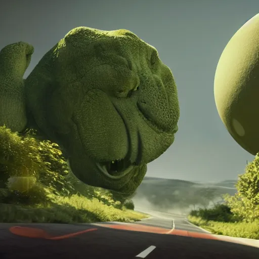 Image similar to a spherical car driving down the road with a tyrannosaurus rex and humans dancing in the background, smoky, green hills, many interstellar plants, futuristic concept design, airy landscape, high detail rendering by octane, unreal engine, 8 k, cinematic grade.