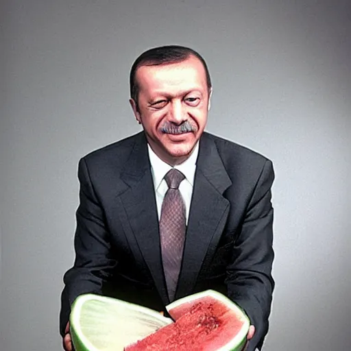 Image similar to recep tayyip erdogan smiling holding watermelon for a 1 9 9 0 s sitcom tv show, studio photograph