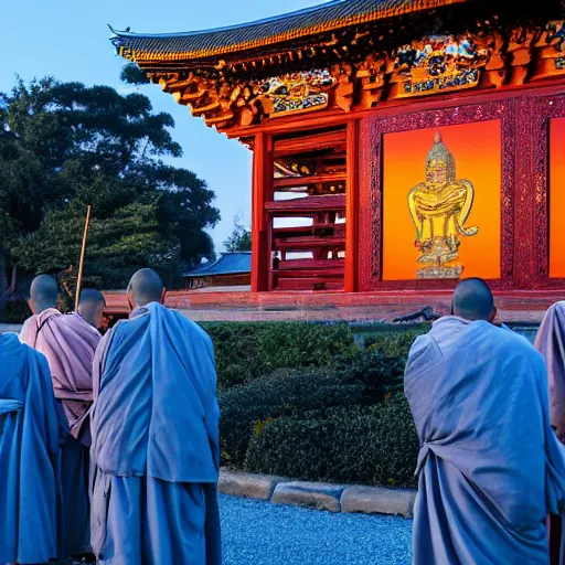 Image similar to several monks outside a buddhist temple, twilight, golden hour,