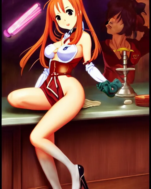 Image similar to pinup photo of asuna from sao in the crowded pub, hot asuna by a - 1 pictures, gil elvgren, james jean, enoch bolles, glossy skin, pearlescent, anime, very coherent, sao style anime, flat