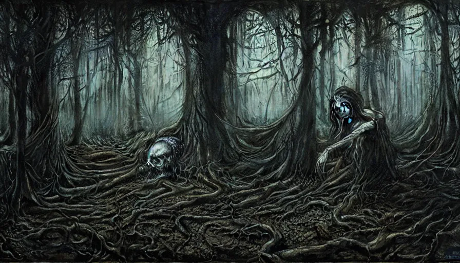 Image similar to a witch in the forest, rotting, blood, night, death, fear, horror, religion, hyperrealism, detailed and intricate environment, by giger, by greg rutkowski