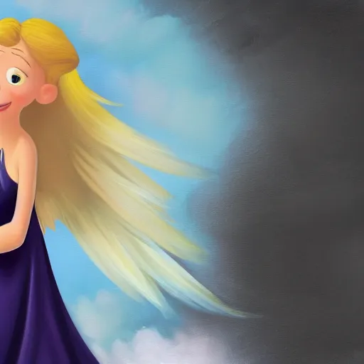 Prompt: a painting of an angel, a young woman with long blond hair and a halo smiling in heaven, wearing a black top and gray multi - color dress, pixar, animated