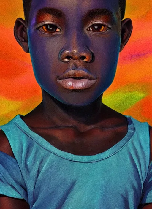 Image similar to colourful upper half portrait of an african boy - art by aya takano, highly detailed, digital painting, illustration, smooth, sharp focus, intricate, symmetry, pinterest, behance, artstation