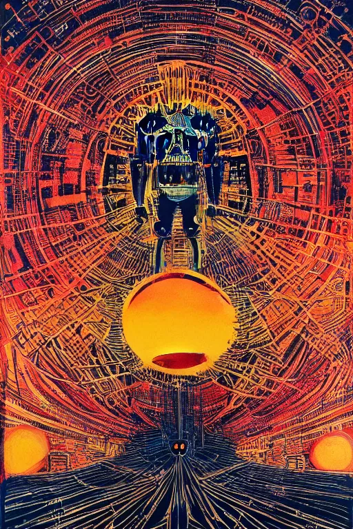 Prompt: a painting of a blazing geometric sun above a giant robotic monk, detailed, 4 k, by stanley donwood philippe druillet and victo ngai,