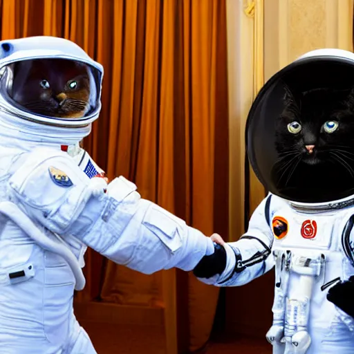 Image similar to cat astronaut shakes the hands with president