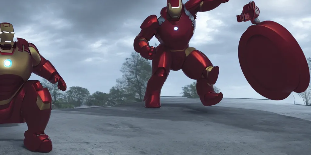 Image similar to obese rotund ironman, cinematic shot