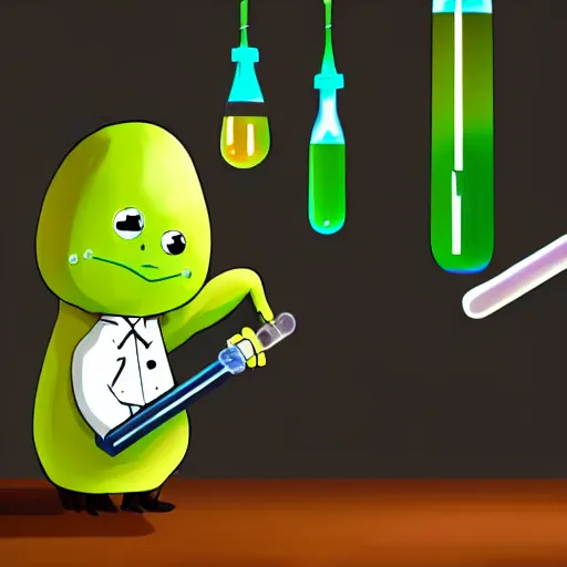 Prompt: a kiwifruit wearing a lab coat and goggles holding a test tube in a science lab, digital art, 8k, artstation