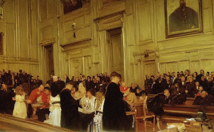 Image similar to high quality high detail painting by ilya repin, court room, hd