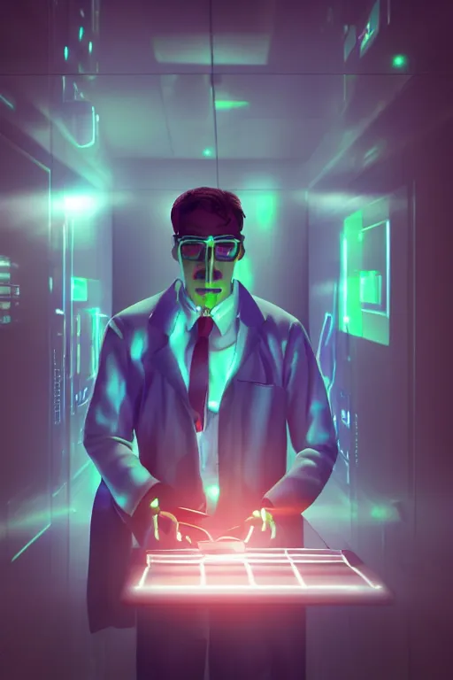 Image similar to futuristic scientist is holding a folder, he is in shock, dark building of server room, neon light, the folder glows and lights up his face, professional lighting, 3 d digital modeling, movie scene, concept art, detailed art,