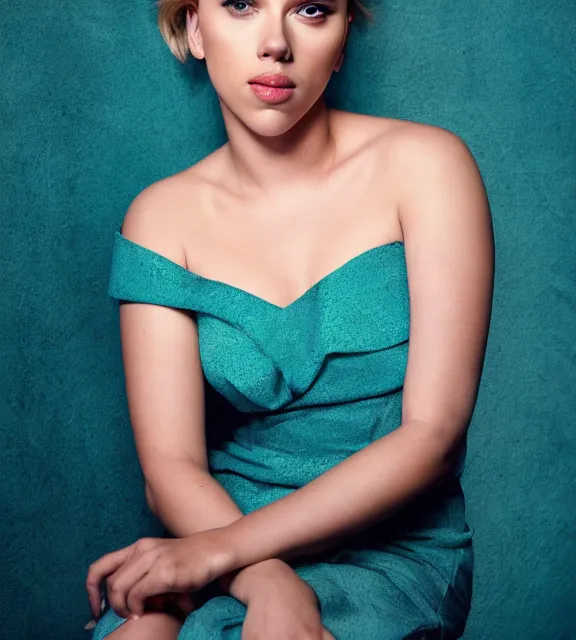 Image similar to beautiful portrait photo of Scarlett Johansson, slight smile, 85mm, teal studio backdrop