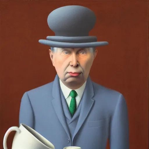 Image similar to “king drinking a cup of tea by Magritte, 8k, highly detailed”