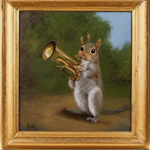 Image similar to squirrel with a trumpet in an oak tree, oil painting