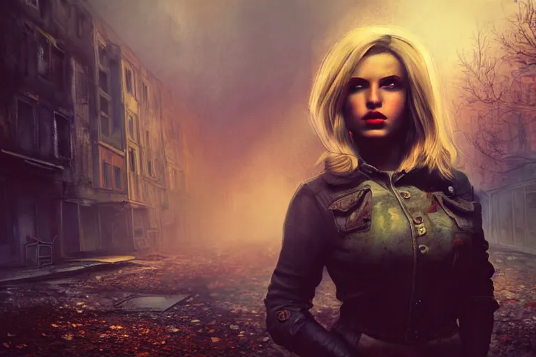 Prompt: fallout 5, charismatic beautiful rugged blonde female protagonist, portrait, outdoors european cityscape, atmospheric lighting, painted, intricate, volumetric lighting, beautiful, daytime, autumn, overcast weather, foggy, sharp focus, deep colours, ultra detailed, art by william turner