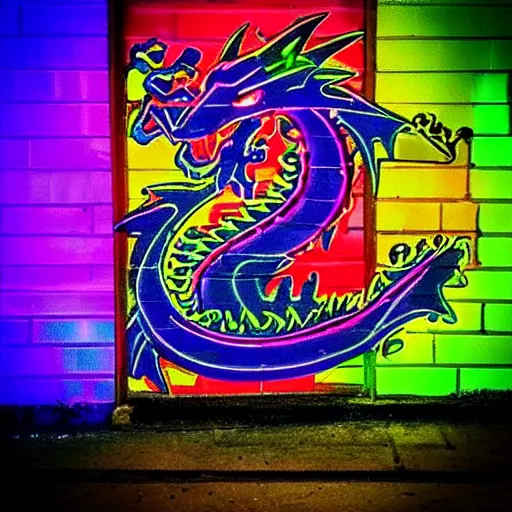 Prompt: “fire breathing dragon, neon graffiti, vivid colours”