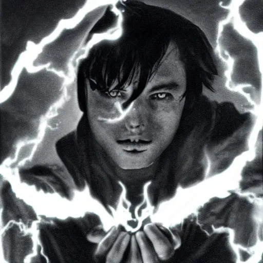 Image similar to a handsome young dark sorcerer casting a demonic spell, photorealistic 35mm