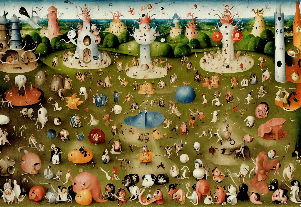 Prompt: hieronymus bosch painting of the garden of pokemon delights