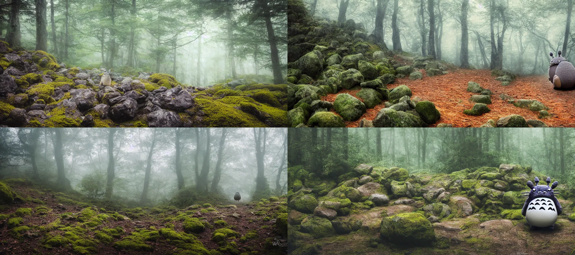 Prompt: a photo of a totoro walking through rocks in a mountainous forest terrain, eary moring, fog, cute, godrays, complementary colors, calm, relaxing, beautiful landscape, highly detailed, high quality, 4k HDR, natural lighting, close view, path tracing, orange palette, anatomically correct, hyperrealistic, low contrast