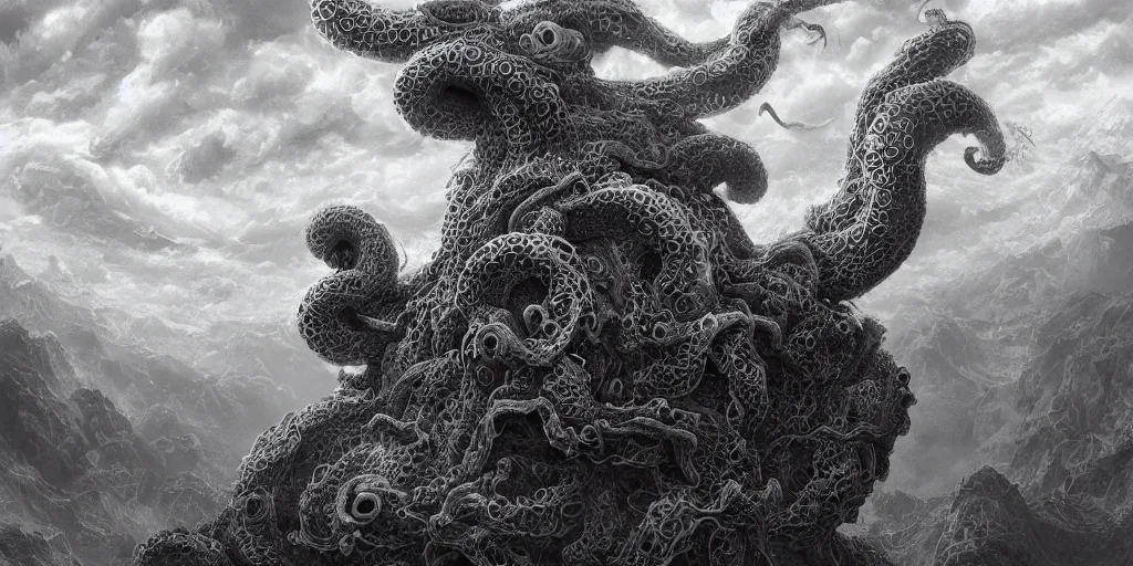 Image similar to epic hyperdetailed portrait of 🐙🕷 lurking in above the clouds, by nicholas delort, highly detailed matte painting, digital painting, artstation, concept art, smooth, graphic black and white. intricate, elegant.