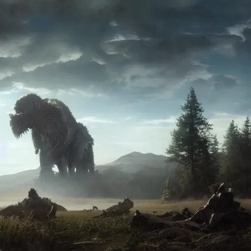 Image similar to enormous creature towering over the plains, seen from a distance, volumetric lighting, 8 k octane beautifully detailed render, post - processing, extremely hyper - detailed, intricate, epic composition, cinematic lighting, masterpiece, trending on artstation, masterpiece, stunning art by anders zorn, wonderful masterpiece by greg rutkowski, beautiful cinematic