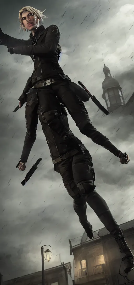 Image similar to annie leonhart in dunwall city wearing recon corps uniform running on a gothic house roof, redshift render, beautiful face, detailed face, cinematic lighting, rainy weather, melancholy atmosphere, dunwall city, volumetric light, octane render, dishonored game, dishonored 1, gothic architecture, realistic reflections, octane render 8 k