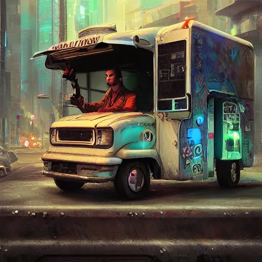 Image similar to a cyberpunk ice cream truck, black velvet painting, artwork by Greg Rutkowski, John Berkey, Alexander Jansson, Kuvshinov, WLOP, Artgerm, trending on ArtStationHD. octane render, greg rutkowski, hyper realism, high detail, octane render, vervia, 8k