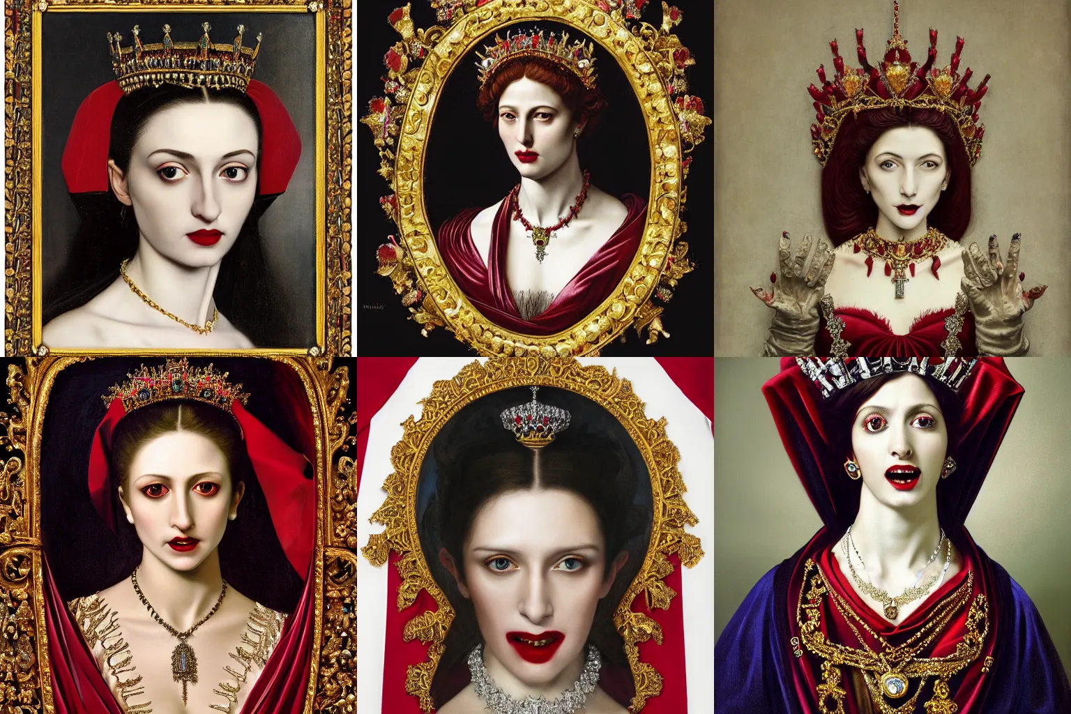 Prompt: A extremely highly detailed majestic hi-res beautiful immaculate head and shoulders painting of a beautiful bloody vampire woman with fangs wearing a long royal red silk dress, the crown jewels is on her head and around her neck is a ornate golden necklace decorated with diamonds and rupees by Michelangelo Merisi da Caravaggio, high detail, hyperrealistic, photorealistic, octante render, cinematic, high textures, royaltly, royal, hyper sharp, 4k insanely detailed and intricate, hypermaximalist, 8k, hyper realistic, super detailed, 4k HDR hyper realistic high,