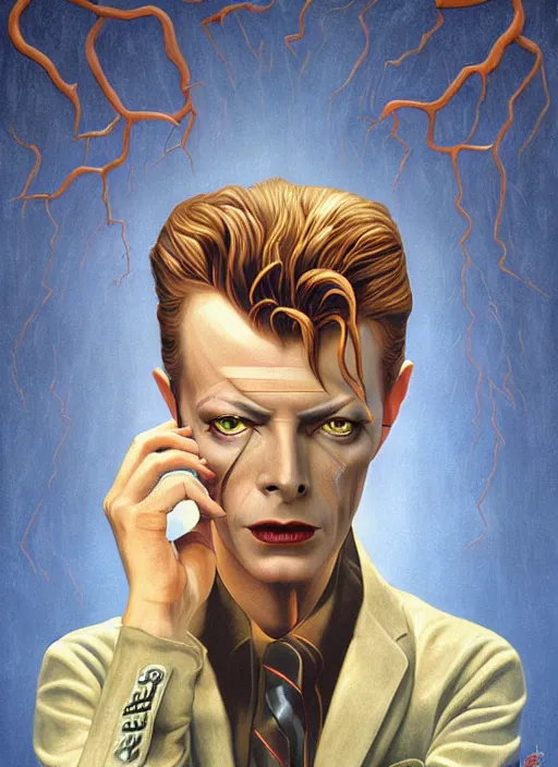 Prompt: twin peaks poster art, portrait of david bowie will he find the way out, by michael whelan, rossetti bouguereau, artgerm, retro, nostalgic, old fashioned