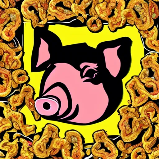 Prompt: pig in gold crown surrounded by pork rinds, pop-art