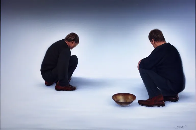 Image similar to ( ( a beautiful 8 k photorealistic masterpiece oil painting ) ( of ( two silent finnish men looking at the ground, cursing silently to themselves ) ) ( hyperrealism ) ( 1 6 k ) ( trending on artstation )