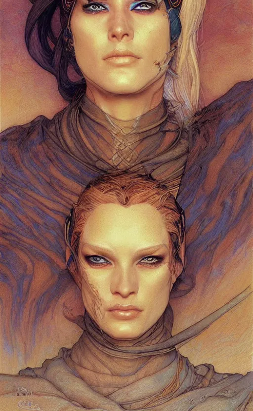 Image similar to beautiful female fremen on dune, by edgar maxence artgerm ross tran and michael whelan and gustav klimpt