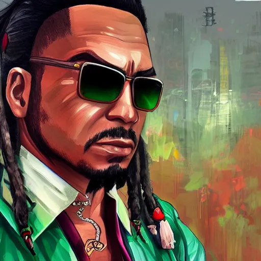 Image similar to a beautiful painting of a rasta yakuza in gta, 3 d, concept art