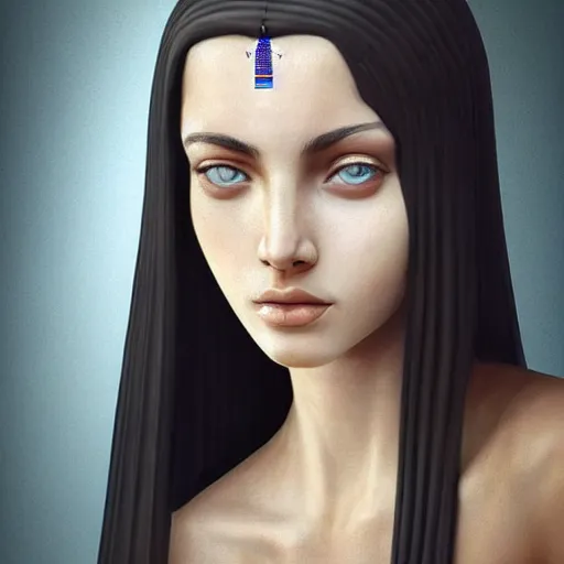 Prompt: high-quality beautifully done centered portrait of a pretty female from an Ancient Egypt::trending on artstation, featured on behance::art by Artgerm and Alessio Albi and Heather Theurer::natural lighting, identical eyes, beautiful eyes medium shot, slender symmetrical face and body, hyper-detailed, single face, insanely detailed and intricate, 4K, 8K