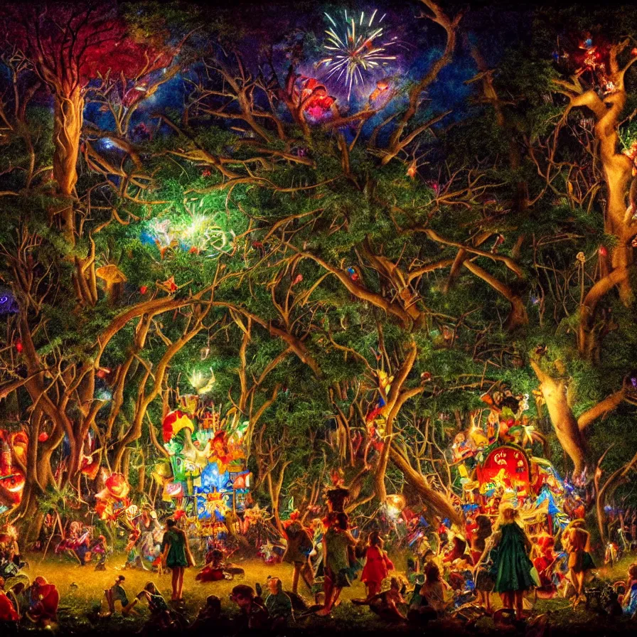 Image similar to closeup of a night carnival inside a tree cavity in a magical forest in the middle of a summer storm, with a music scenario with many fireworks and christmas lights, volumetric lightning, instense god rays in the sky, folklore people disguised with fantastic creatures in a magical forest by summer night, masterpiece painted by norman rockwell, very coherent and colorful high contrast masterpiece,