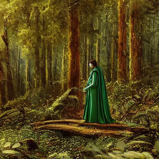 Image similar to an woman with a green cape and hunter bow wearing iron armor in the middle of an forest, Matte painting , detailed painting, greg rutkowski