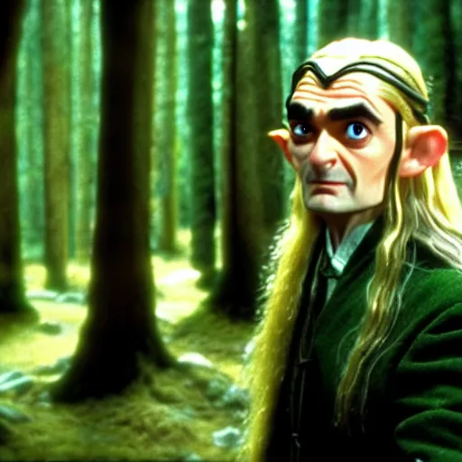 Image similar to mr. bean as legolas from lord of the rings. movie still. cinematic lighting.