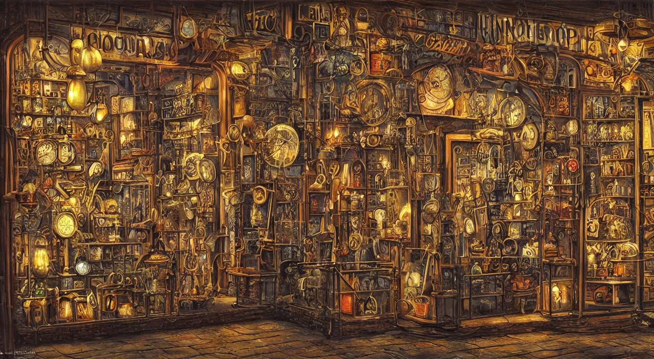Image similar to steampunk shop window by guido borelli da caluso, darkness, neon lights, photo realistic, completely filled with interesting oddities, things hanging from ceiling, light bulbs