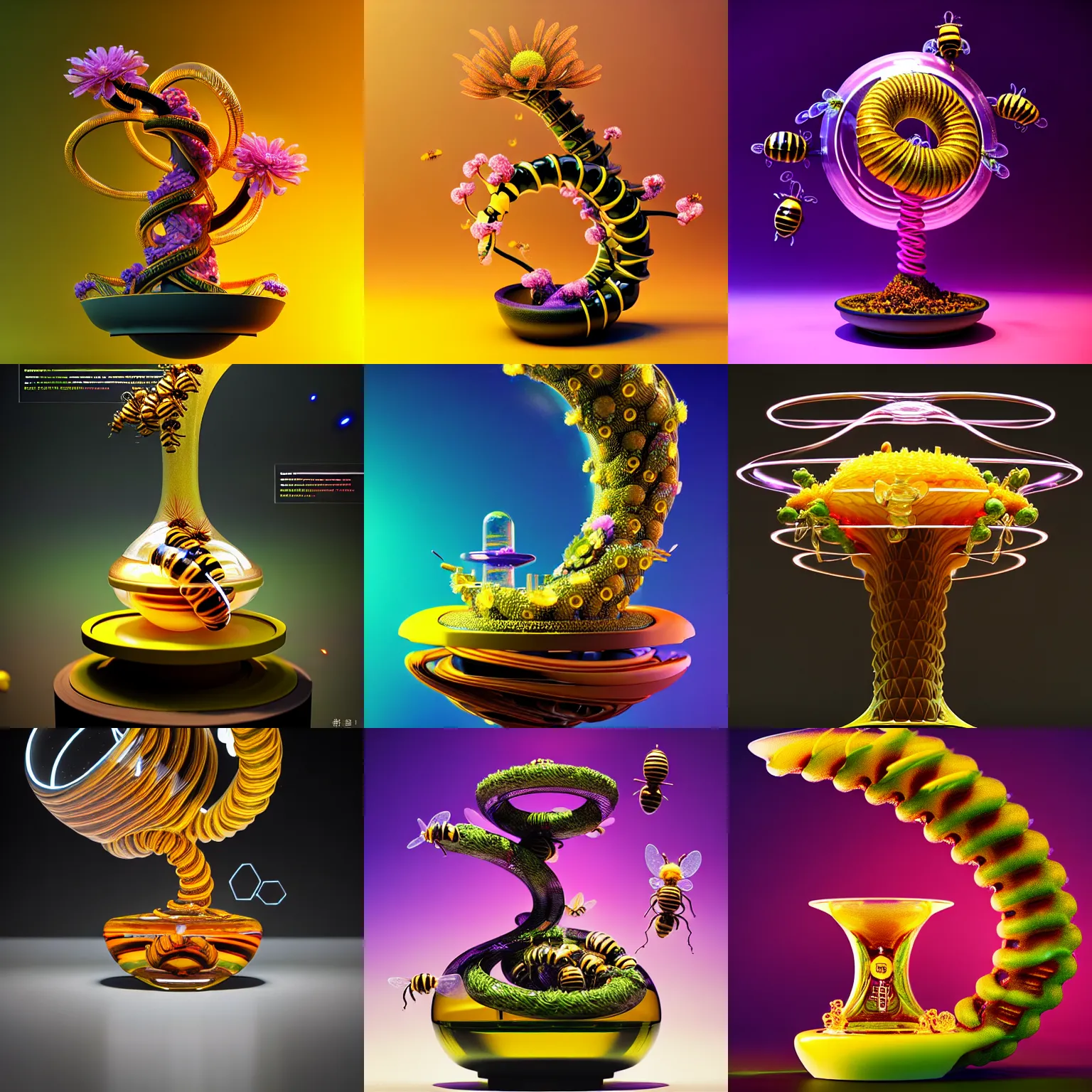 Prompt: decadent biotech floral helical spaceship torus bonsai honey bong | elaborate, fun, bumblebee, cyberpunk, galactic, weta disney movie still photo, hi - fructose, sci fi fantasy, divine proportion, octane render, sharp focus, artstation, concept art | feng zhu, rutkowski, beeple